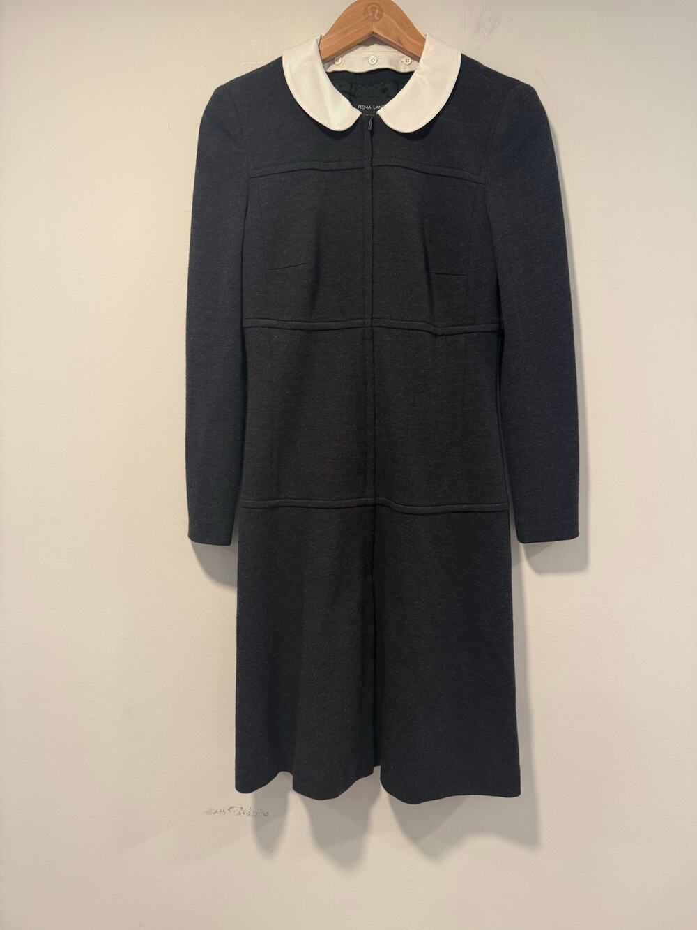 Vintage Rena Lange Academia Long Sleeve Shift Dress Black w White Collar Med JL